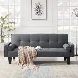 71.65" linen upholstered futon loveseat convertible sleeper couch bed w/throw pillows,compact foldable sleep recliner sofa,2 seaters love seat with reclining backrest to napping daybed