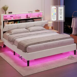 hauoms led full bed frame with type-c & usb charging station, full size bed frame with storage headboard, modern velet upholstered platform bed with shelf headboard, noise-free, creamy white