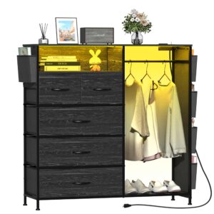 espelism dresser for bedroom with clothes rack side pockets 5 drawer dresser with charging station led lights black storage chest of drawers for nursery hallway closet sturdy steel frame wood top