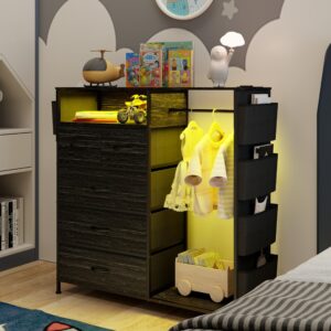 Espelism Dresser for Bedroom with Clothes Rack Side Pockets 5 Drawer Dresser with Charging Station LED Lights Black Storage Chest of Drawers for Nursery Hallway Closet Sturdy Steel Frame Wood Top