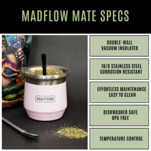 MADFLOW Yerba Mate Cup. Stainless Steel Mate Cup with 2 Bombillas.One Tree Planted in The USA for Every Unit Sold. Double Wall Vacuum Insulated Yerba Mate Gourd. Unique Mate Cup and Bombilla Set