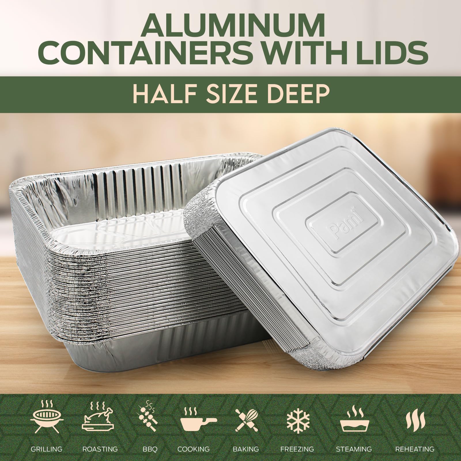 PAMI Aluminum Food Containers With Lids Half Size, Deep [Pack of 25] - 9”x13” Oven & Freezer Safe Tin Food Trays- Aluminum Baking Pans With Lids For Grill, Roast, BBQ- To Go Foil Takeout Containers