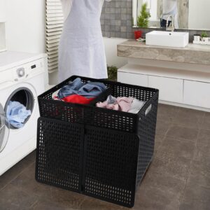 Oymlclivisa Plastic 2 Sections Laundry Hamper, Plastic Folding Laundry Basket with Lid, Black