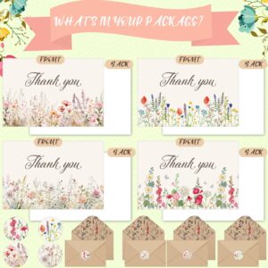 Noveread 300 Pieces Wildflower Thank You Cards with Floral Envelopes 4 x 6 Inch, Thank You Notes with Envelopes Set with Floral Thank You Cards and Stickers for Birthday Wedding Bridal Shower