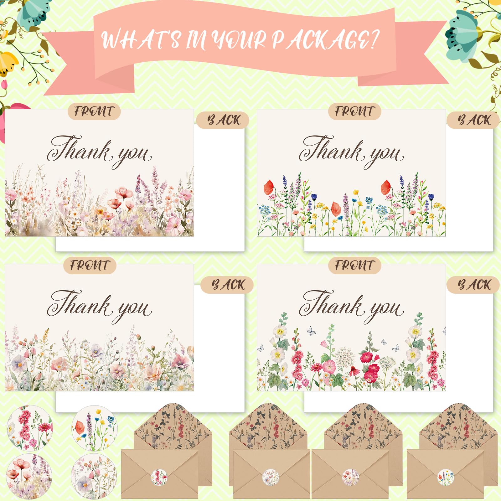 Noveread 300 Pieces Wildflower Thank You Cards with Floral Envelopes 4 x 6 Inch, Thank You Notes with Envelopes Set with Floral Thank You Cards and Stickers for Birthday Wedding Bridal Shower