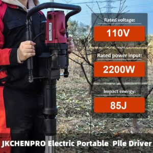 Electric Pile Driver Hammer - JKCHENPRO 2200W Electric T Post Driver, 110V Handheld Pile Driver, 2100 BPM Sufficient Power, Ideal for Fence Post Construction Site, Farm Fences, Forestry Seedlings