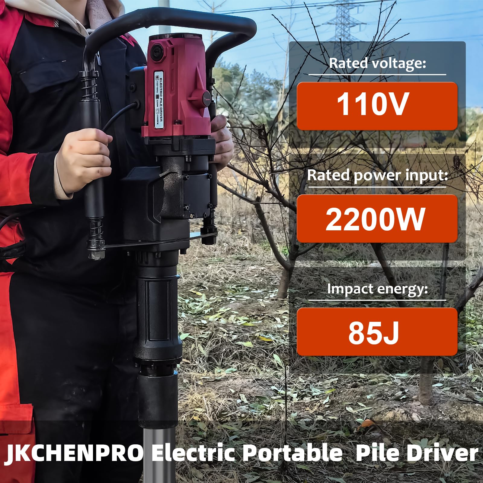 Electric Pile Driver Hammer - JKCHENPRO 2200W Electric T Post Driver, 110V Handheld Pile Driver, 2100 BPM Sufficient Power, Ideal for Fence Post Construction Site, Farm Fences, Forestry Seedlings