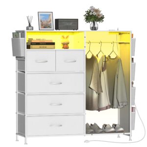 espelism dresser for bedroom with clothes rack side pockets white 5 drawers dresser with charging station led lights sturdy steel frame wood top organizer unit for nursery hallway closet