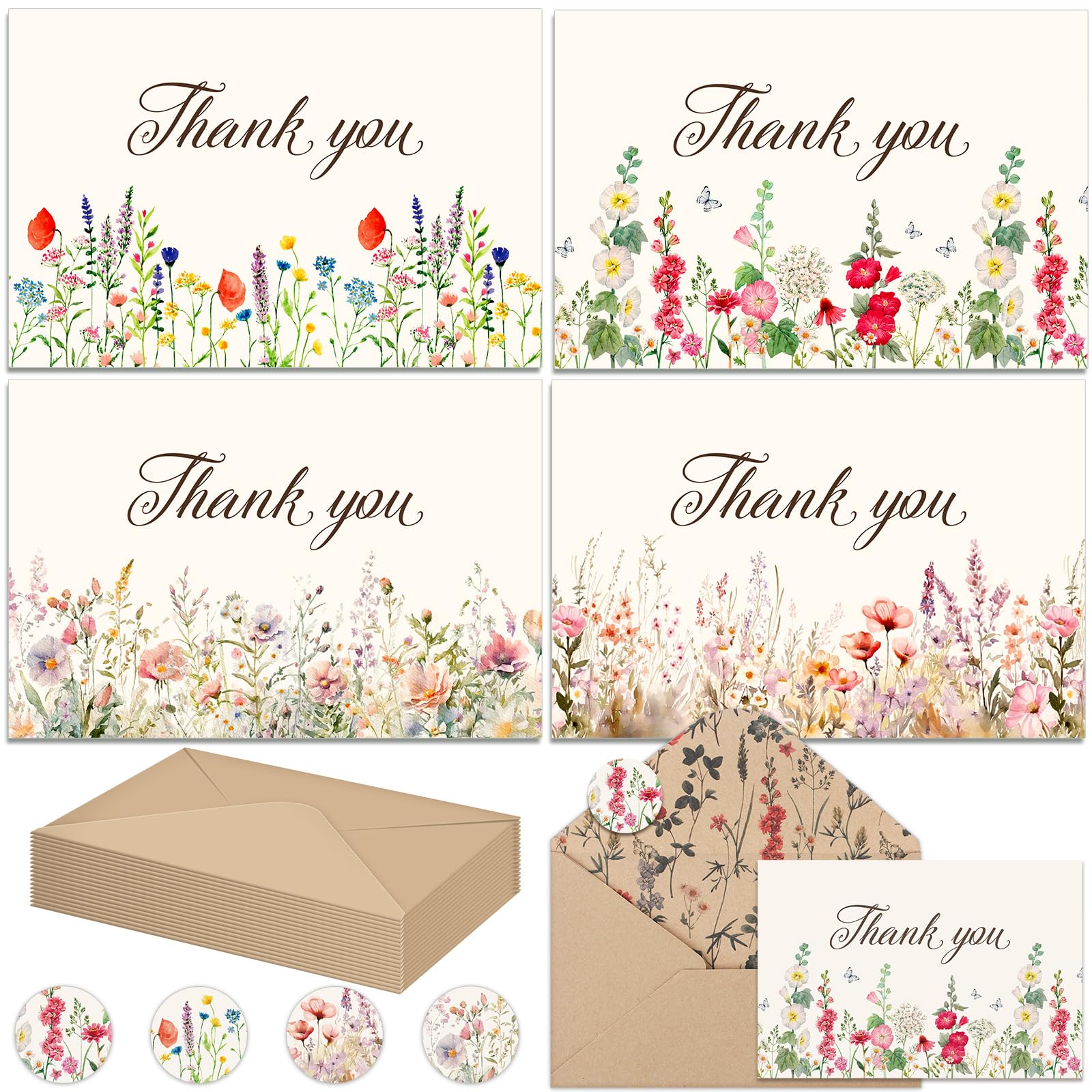 Noveread 300 Pieces Wildflower Thank You Cards with Floral Envelopes 4 x 6 Inch, Thank You Notes with Envelopes Set with Floral Thank You Cards and Stickers for Birthday Wedding Bridal Shower