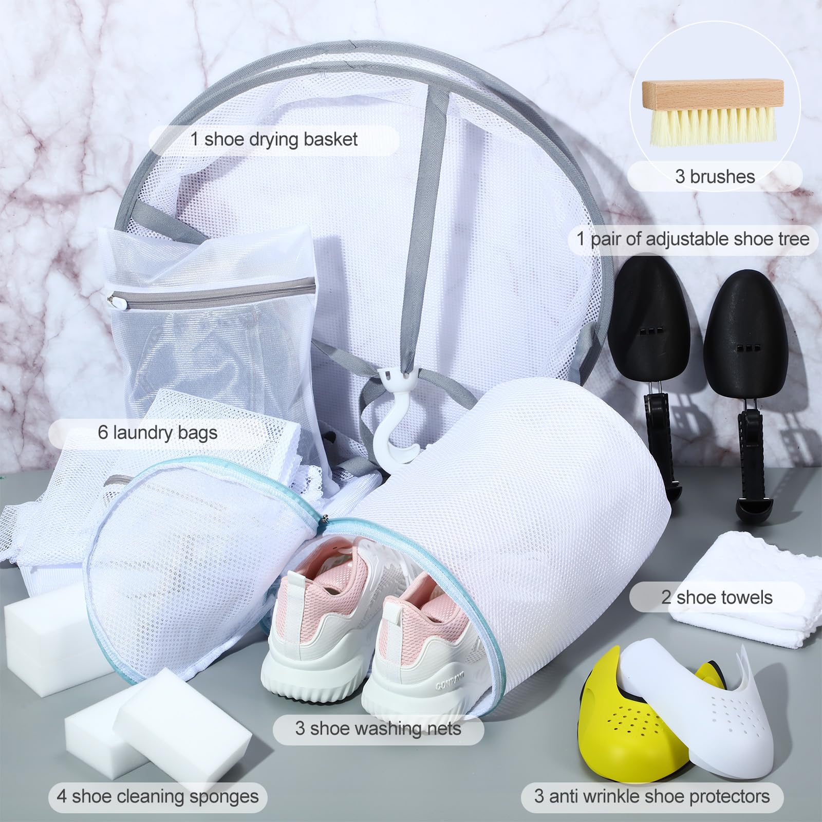 24 Pcs Shoes Wash Bags kit for Washing Machine Includes 6 Laundry Mesh Bags 3 Shoe Wash Bags 3 Brushes 3 Pairs Anti-wrinkle Sneaker Protector 1 Hanging Dryer Basket 2 Shoe Tree 2 Wipes 4 Magic Sponge