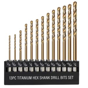 rogaper 13 pcs titanium coated hex shank drill bit set, hss twist drill bit sets, impact driver drill bits for wood, steel, metal, plastic, quick change design (1/16-1/4)