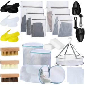 24 pcs shoes wash bags kit for washing machine includes 6 laundry mesh bags 3 shoe wash bags 3 brushes 3 pairs anti-wrinkle sneaker protector 1 hanging dryer basket 2 shoe tree 2 wipes 4 magic sponge