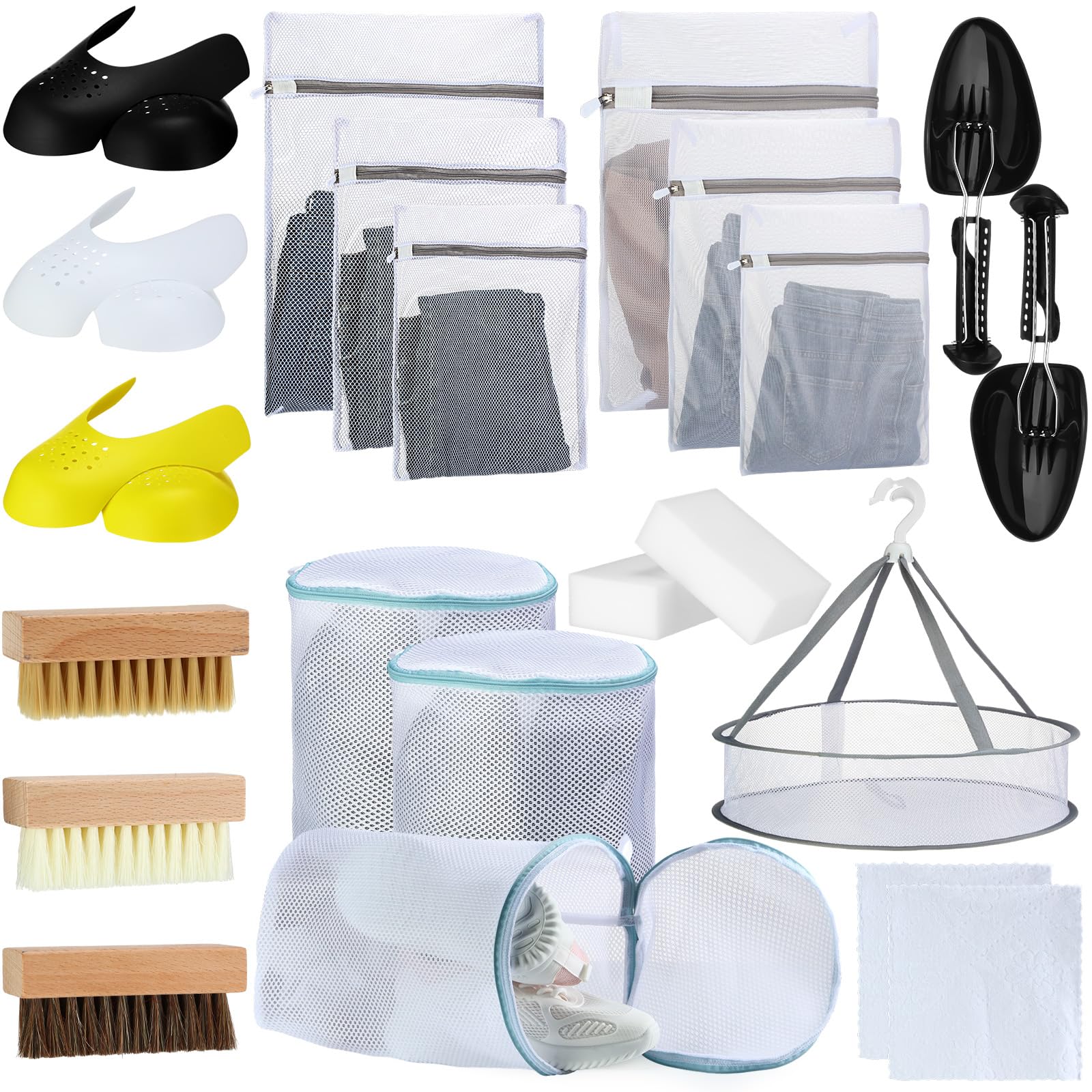 24 Pcs Shoes Wash Bags kit for Washing Machine Includes 6 Laundry Mesh Bags 3 Shoe Wash Bags 3 Brushes 3 Pairs Anti-wrinkle Sneaker Protector 1 Hanging Dryer Basket 2 Shoe Tree 2 Wipes 4 Magic Sponge