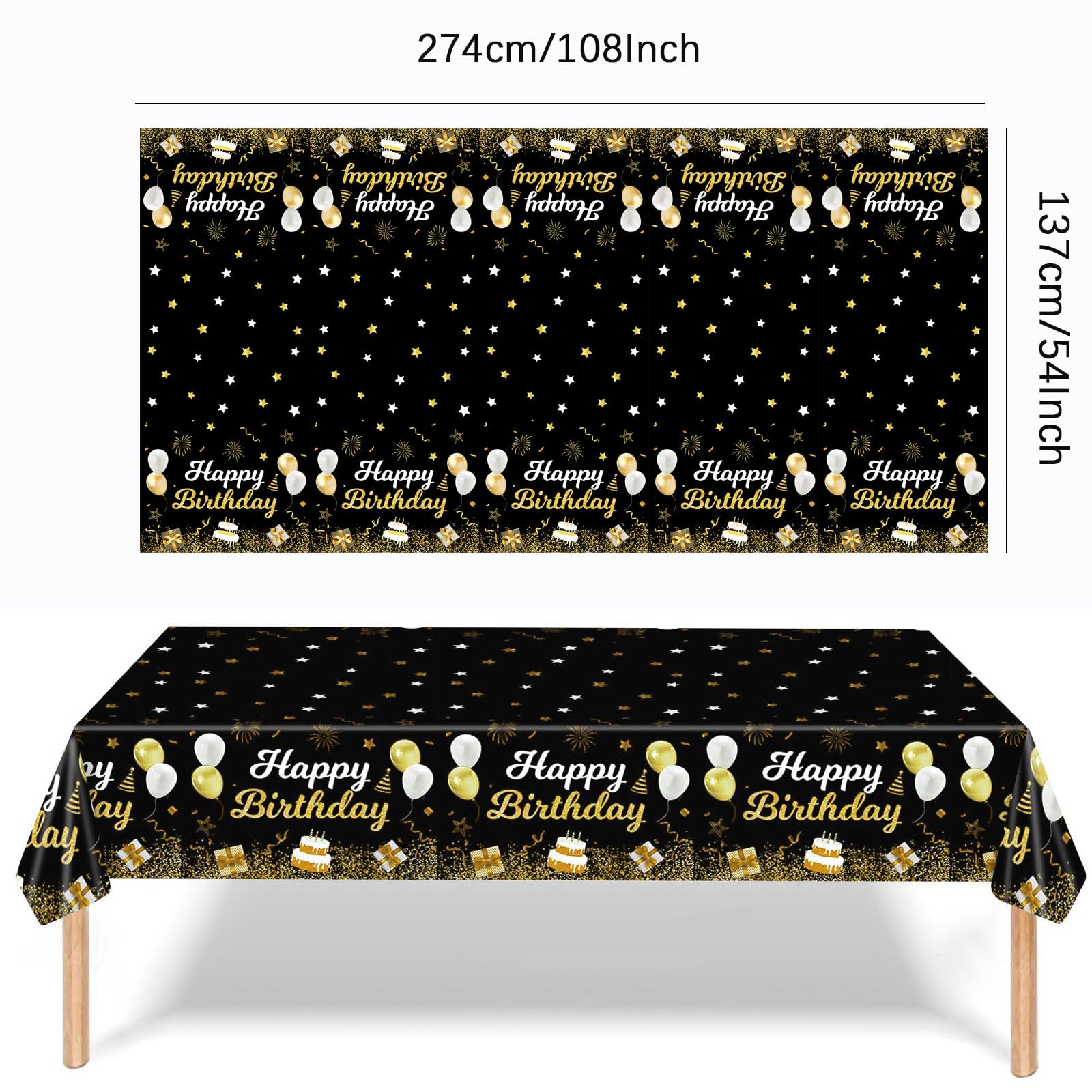 MRJ 3 Pack Gold and Black Happy Birthday Tablecloths 54"x108" Star Birthday Table Cover for Kids Boys Girls Baby Shower