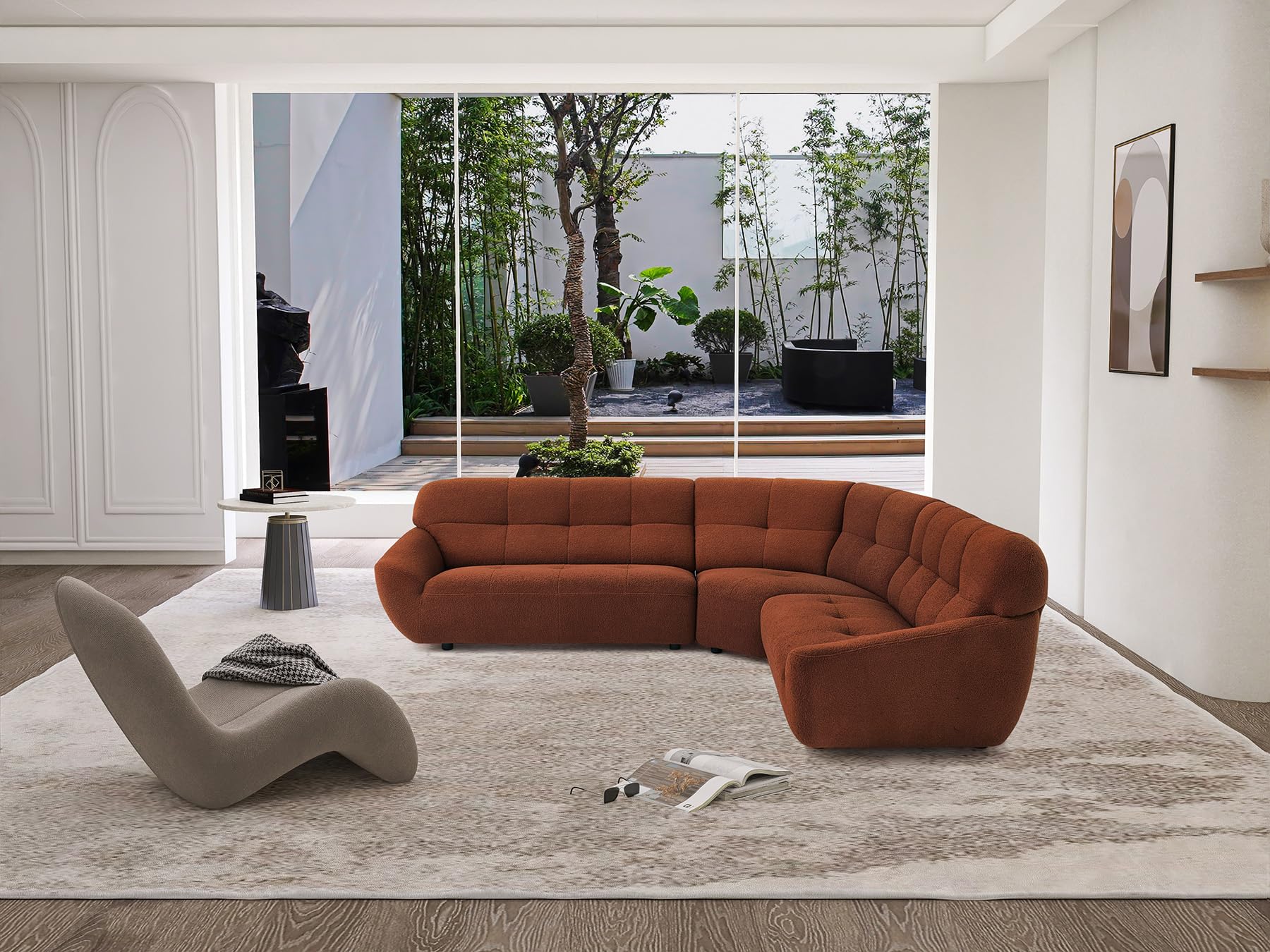 113'' Modular Sectional Sofa, Sherpa Lamb Fabric Original Design L Shaped Couch, 5 Seat Modern Corner Sofa with 3 Pillow for Living Room, Villa, Office (113''-Dark Orange)