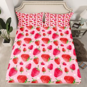 Strawberry Sheet Set Full Size Kids Pink Tropical Fruit Print Sheets with Deep Pocket Fitted Sheet for Boys Girls Teens Sweet Strawberry Print Bed Sheets Set Floral Print Sheet Set Room Decor