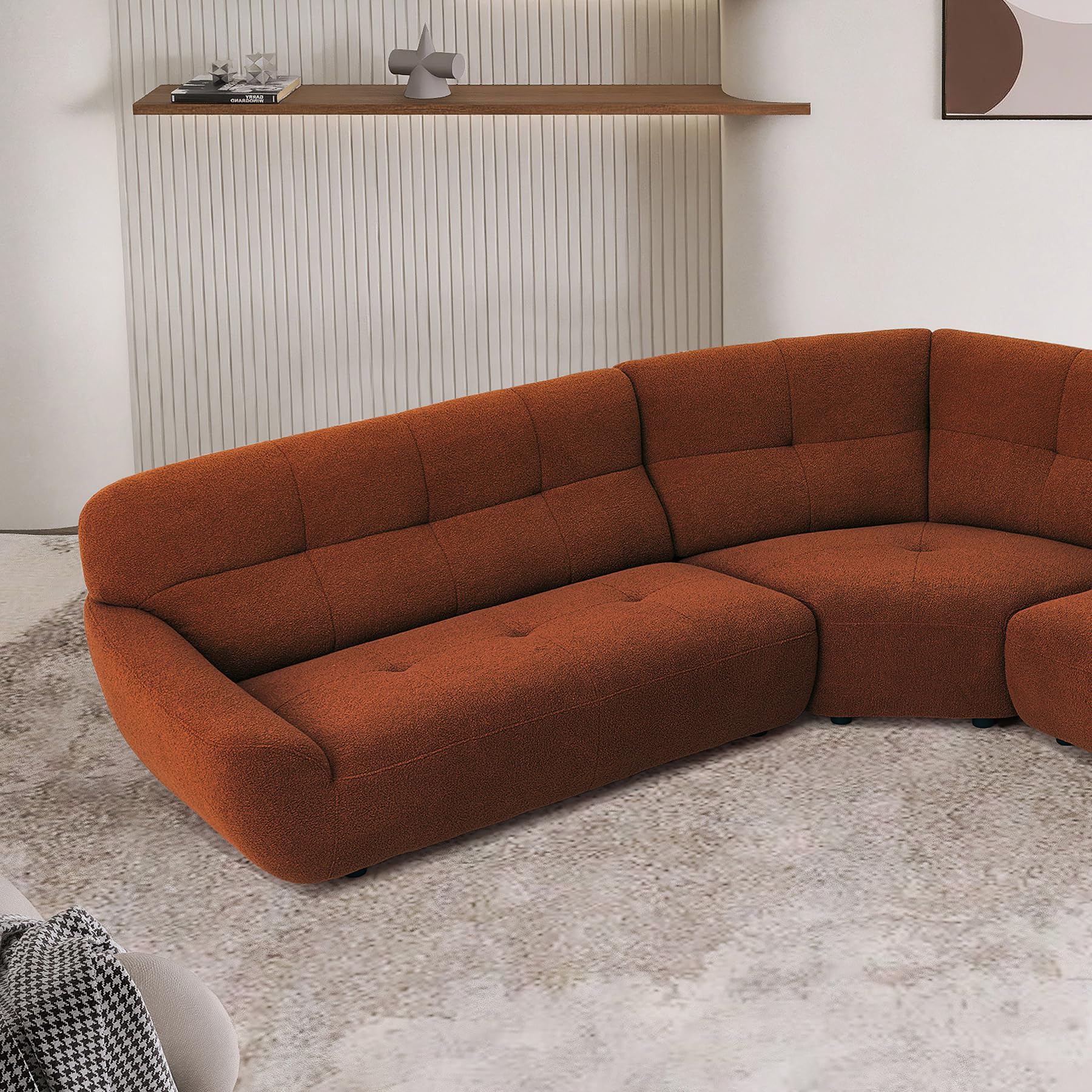 113'' Modular Sectional Sofa, Sherpa Lamb Fabric Original Design L Shaped Couch, 5 Seat Modern Corner Sofa with 3 Pillow for Living Room, Villa, Office (113''-Dark Orange)