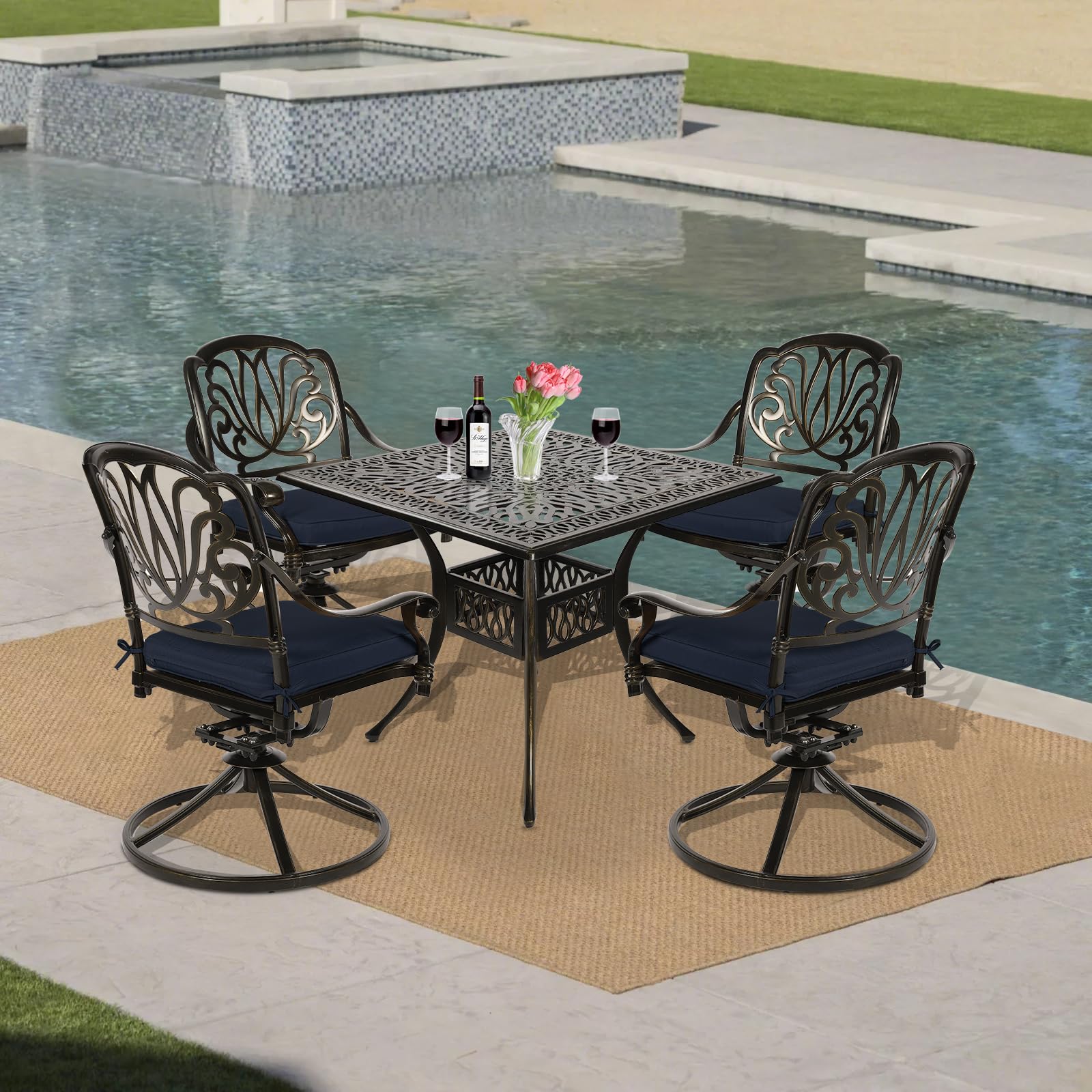 VIVIJASON 5-Piece Outdoor Patio Dining Set, All-Weather Cast Aluminum Conversation Set, Patio Furniture Set, Include 4 Swivel Dining Chairs, a 35.4" Square Table w/Umbrella Hole, Navy Blue Cushion