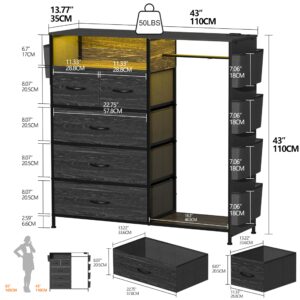 Espelism Dresser for Bedroom with Clothes Rack Side Pockets 5 Drawer Dresser with Charging Station LED Lights Black Storage Chest of Drawers for Nursery Hallway Closet Sturdy Steel Frame Wood Top