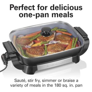 Hamilton Beach Electric Skillet with PFAS-Free Durathon Ceramic Coating, Removable 12x15” Pan, Adjustable Temperature, Reversible Design, Tempered Glass Lid, Black Nonstick Surface (38531)