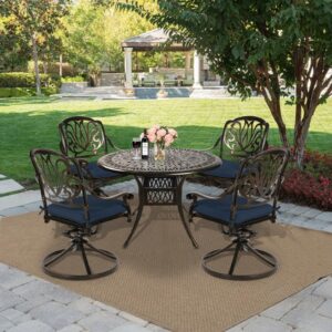 MEETWARM 5-Piece Outdoor Patio Dining Set, All-Weather Cast Aluminum Patio Conversation Set for Backyard Garden Deck with 4 Cushions Swivel Rocker Chairs and 35.4" Round Table, Navy Blue