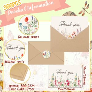 Noveread 300 Pieces Wildflower Thank You Cards with Floral Envelopes 4 x 6 Inch, Thank You Notes with Envelopes Set with Floral Thank You Cards and Stickers for Birthday Wedding Bridal Shower