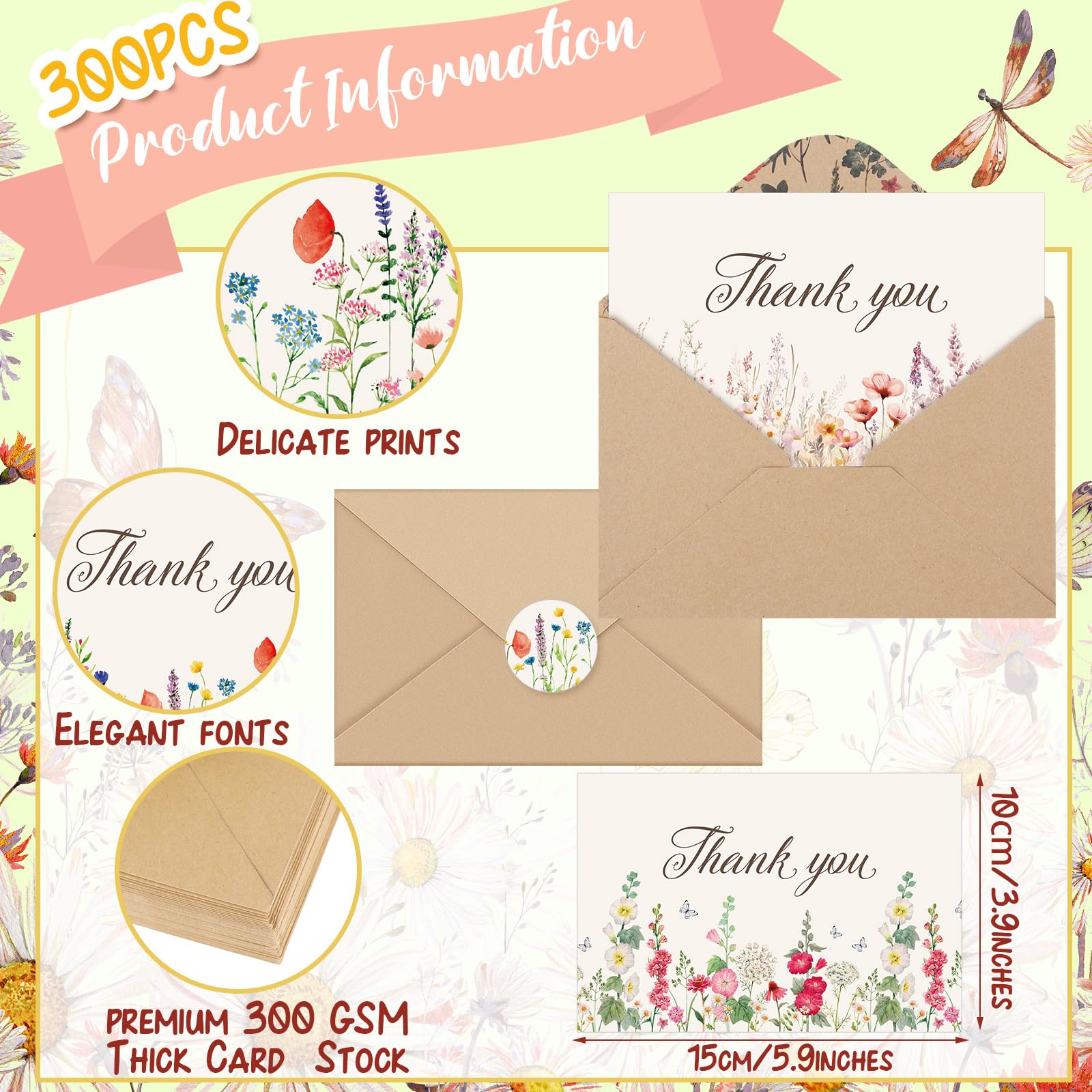 Noveread 300 Pieces Wildflower Thank You Cards with Floral Envelopes 4 x 6 Inch, Thank You Notes with Envelopes Set with Floral Thank You Cards and Stickers for Birthday Wedding Bridal Shower