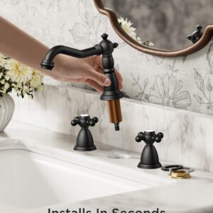 FORIOUS Antique Black Bathroom Faucets, Bathroom Sink Faucet Two Handle 3 Hole, Widespread Matte Black Bathroom Faucet with Metal Pop-up Drain & Supply Lines Faucet for Bathroom Sink, Farmhouse