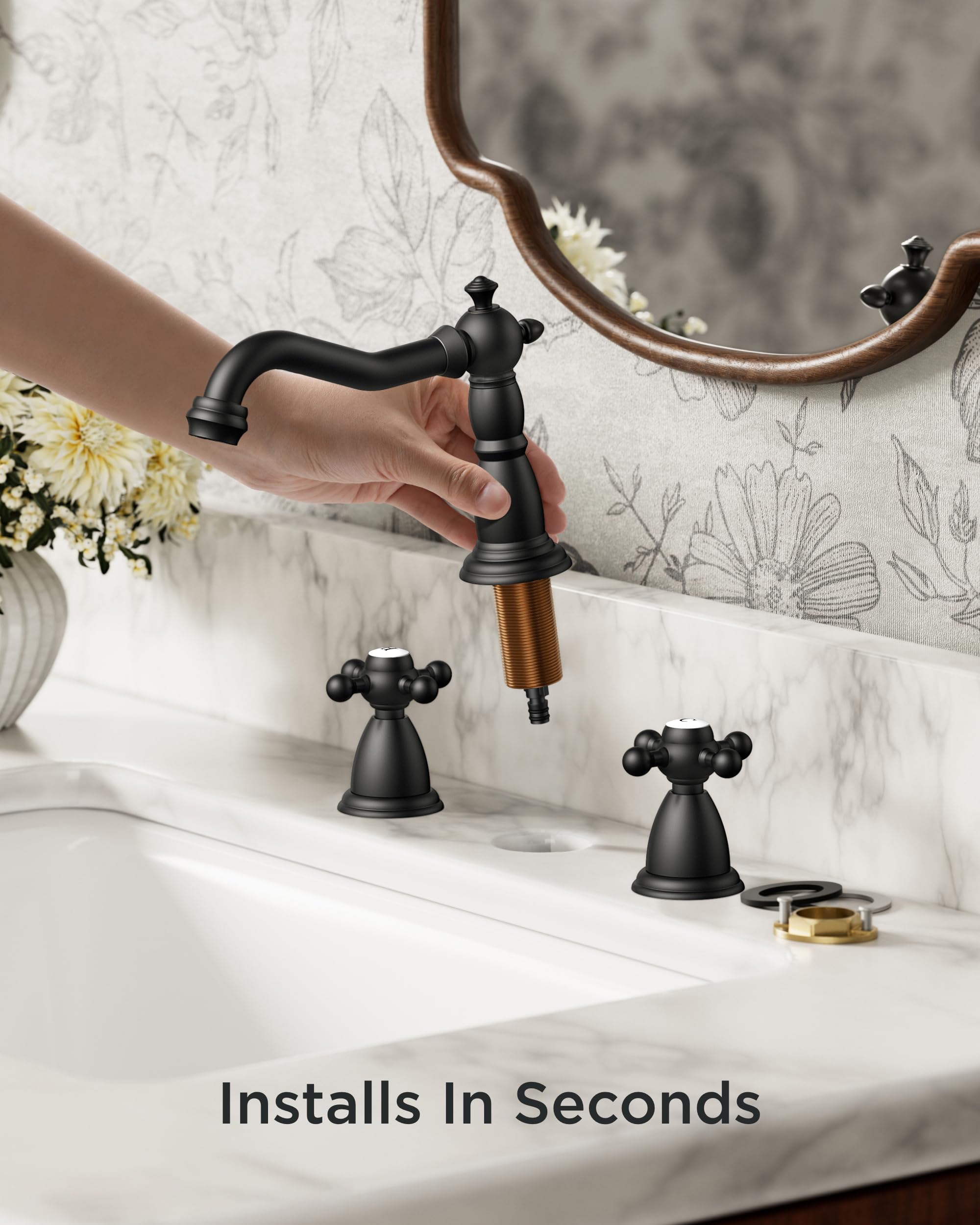 FORIOUS Antique Black Bathroom Faucets, Bathroom Sink Faucet Two Handle 3 Hole, Widespread Matte Black Bathroom Faucet with Metal Pop-up Drain & Supply Lines Faucet for Bathroom Sink, Farmhouse