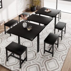 ipormis 7-piece dining table set with 6 stools, 63" extendable kitchen table set for 4-8, modern dining room table with sturdy metal frame, space-saving dinette, black