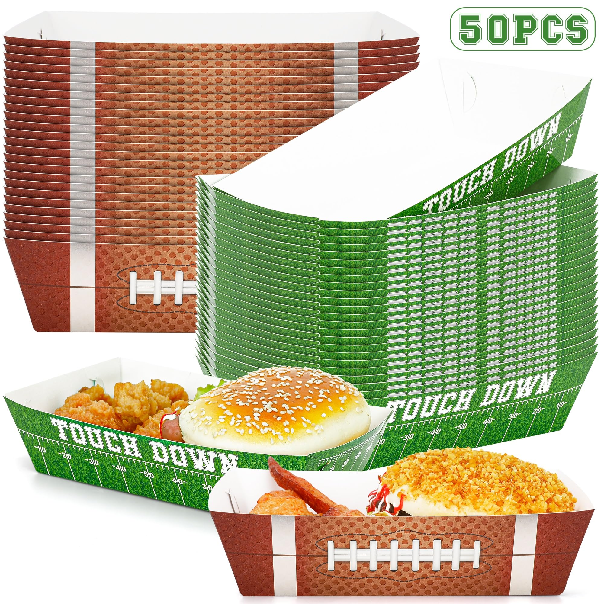 Helimoto 50PCS Super Bowl Party Supplies, Football Paper Snack Tray, Large Disposable Food Tray, Party Snacks Serving Trays for Taco Fries Hot Dog Super Bowl Decorations 2024 Party Favors Table Decor