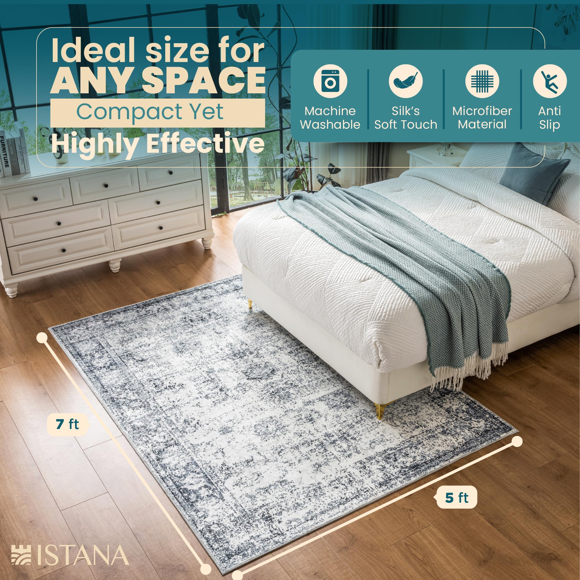 Istana 5x7 Rugs - White Cream/Grey Area Rug - Kid & Pet Friendly Living Room Area Rugs 5x7 - Non Shedding Plush Area Rugs 5x7 - Foldable 5x7 Rugs for Bedroom - Eco-Friendly 5x7 Washable Area Rug