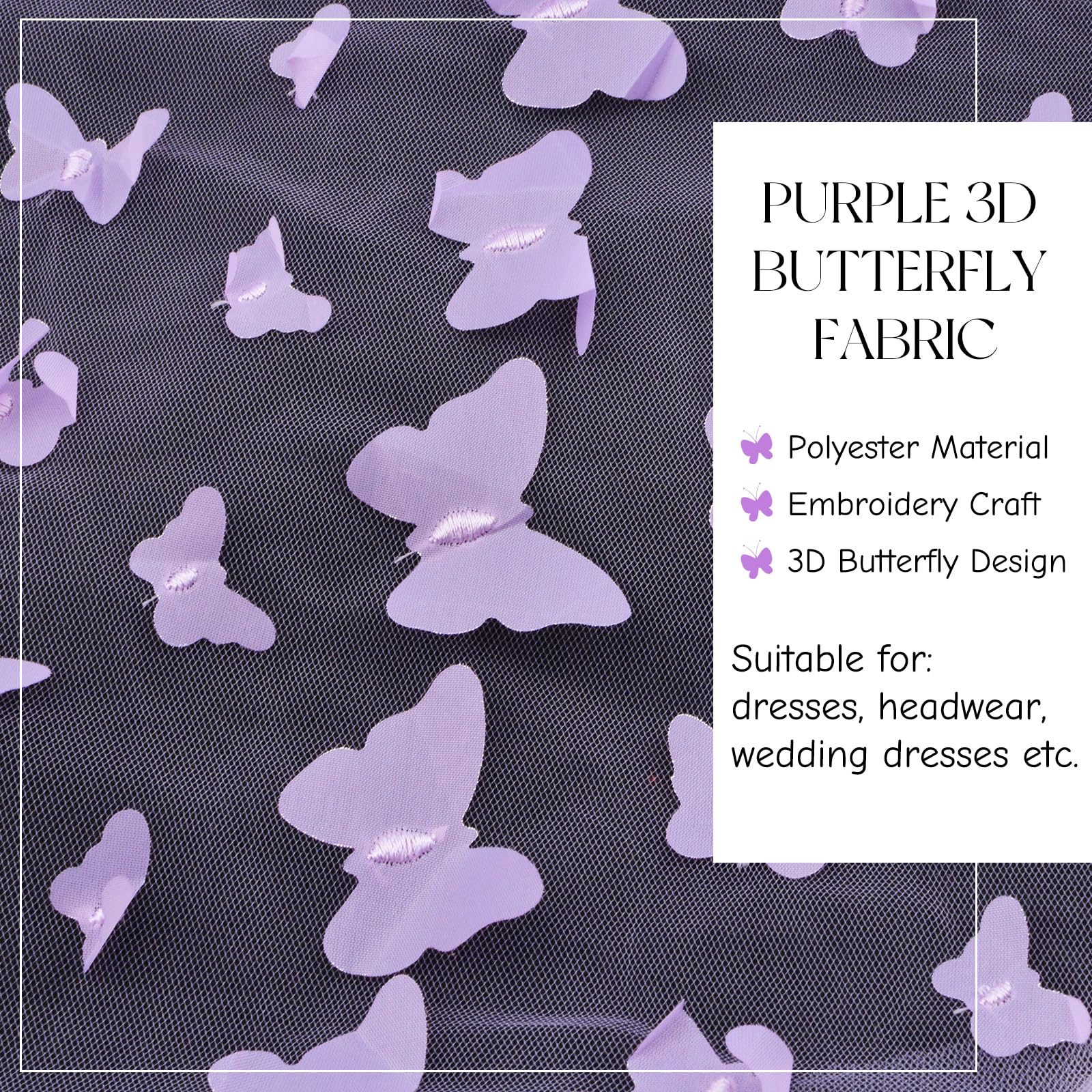 URROMA 1 Yard Embroidery Butterfly Lace Fabric, Purple 3D Butterfly Lace Fabric Mesh Tulle lace for DIY Wedding Dress Costume Accessories Veil Home Decor