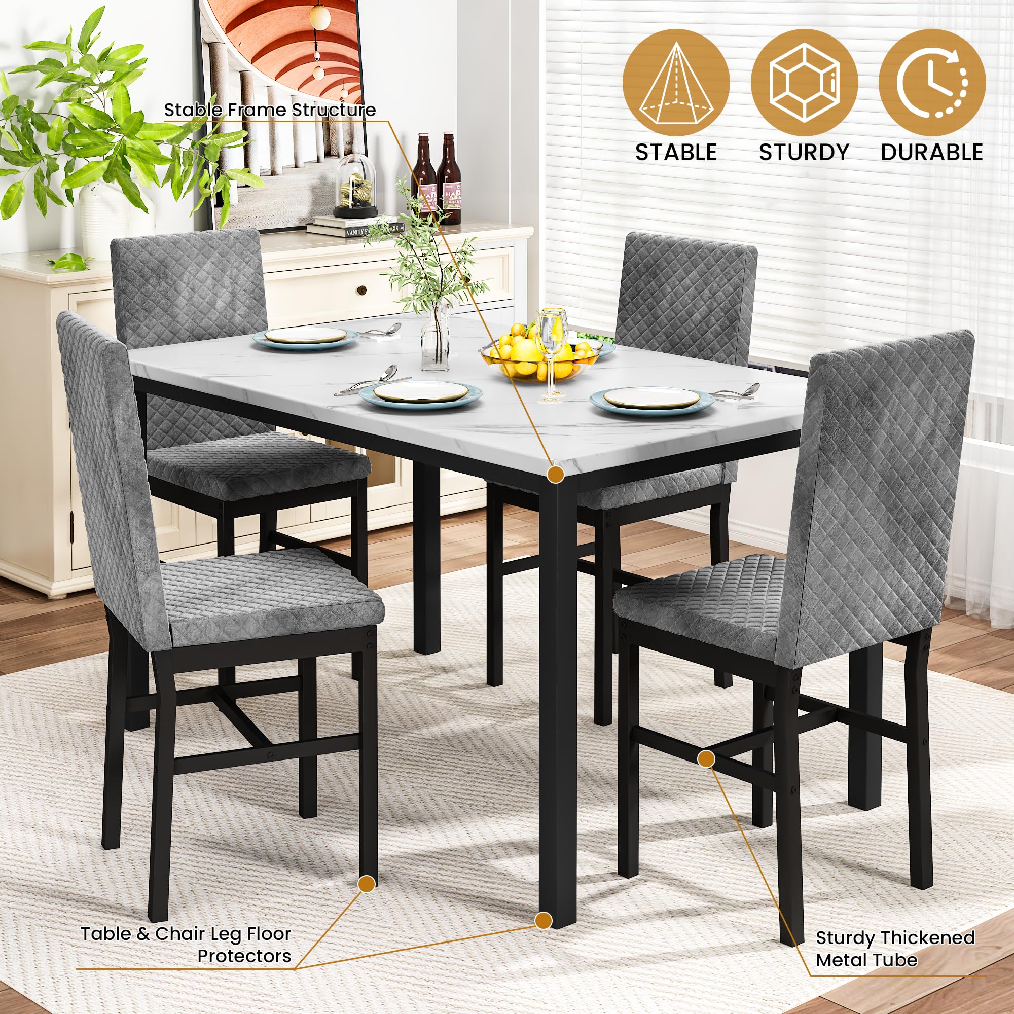 Recaceik Dining Table Set for 4, Kitchen Table and Chairs Set of 4, Faux Marble Dinner Table Set with 4 Upholstered Velvet Chairs, Dining Room Table Set for Kitchen Dining Room (White & Grey)