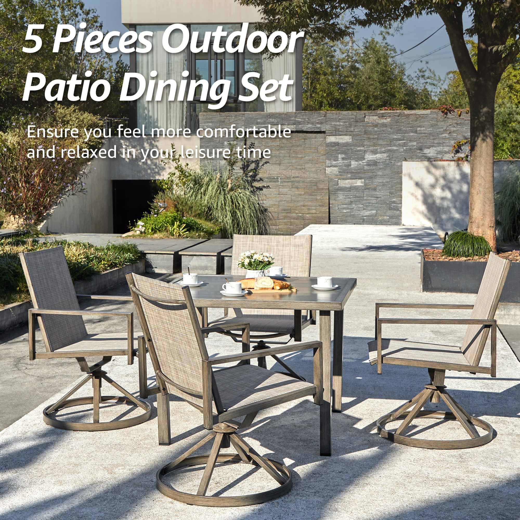 NATURAL EXPRESSIONS Patio Swivel Dining Set of 5, 4-Piece Mesh Sling High Back Chairs, 1-Piece 38" Square Woodgrain Steel Dining Table with 1.65'' Umbrella Hole for Outdoor Garden Yard