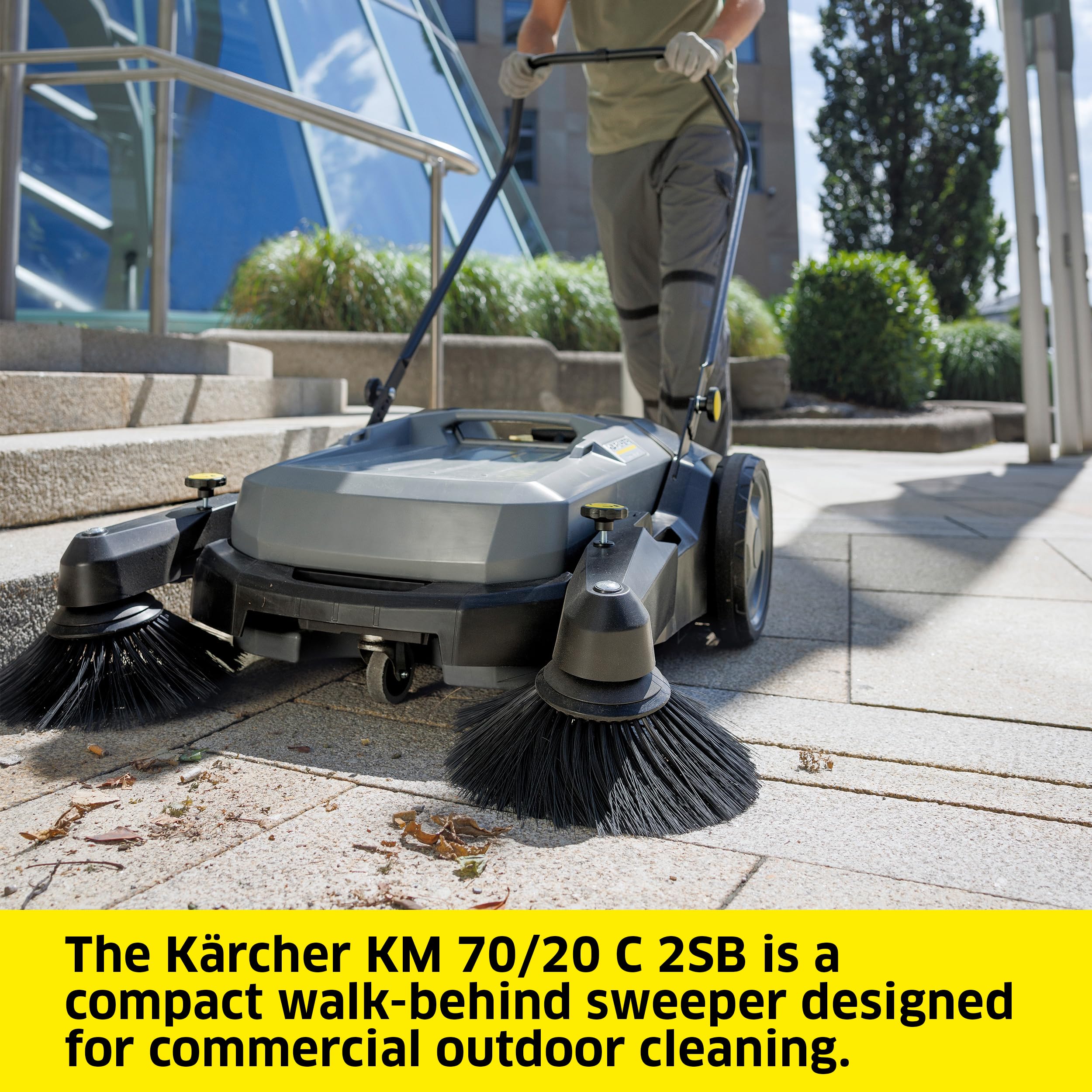 Kärcher Commercial Outdoor Hand Push Sweeper, Two Bristle Brushes, Sweeps up to 30,000 ft²/h - KM 70/20 C 2SB - 12 Gallon Capacity