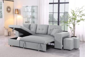 erye l-shaped reversible sleeper sectional sofa w/pull out couch bed, storage chaise & niche shelves for living room, modern linen upholstered sofa&couch convertible sleep sofabed with 2 stools