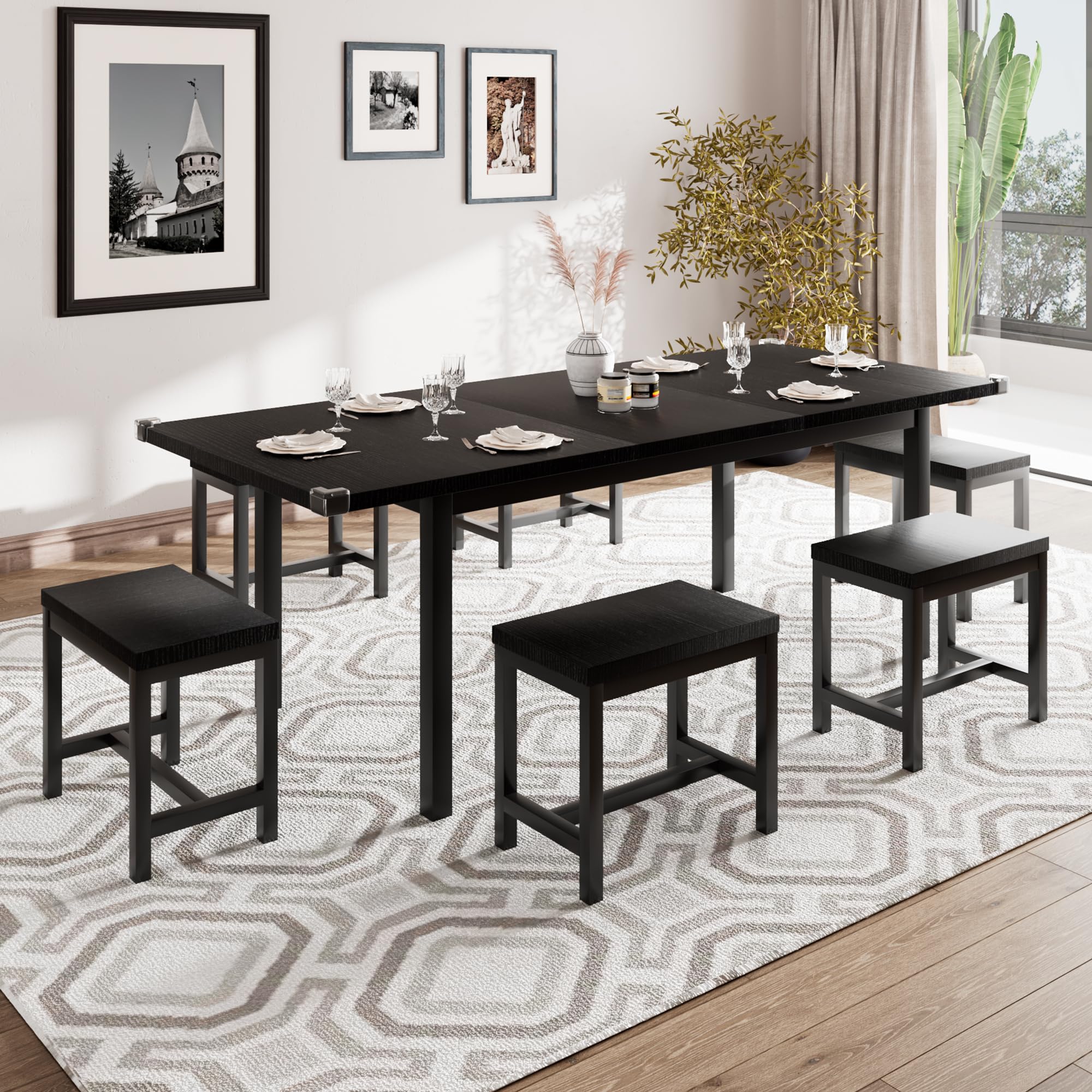 iPormis 7-Piece Dining Table Set with 6 Stools, 63" Extendable Kitchen Table Set for 4-8, Modern Dining Room Table with Sturdy Metal Frame, Space-Saving Dinette, Black