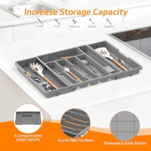 iDavosic.ly Silverware Drawer Organizer, Expandable Utensil Tray for Kitchen Drawers, Adjustable Plastic Cutlery Flatware Holder for Knife Fork Spoon with 8-10 Compartments (Large, Gray)