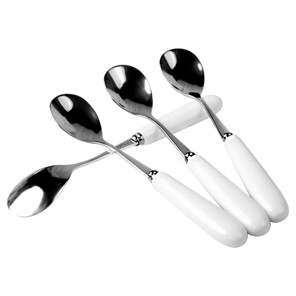 MEIYAHOME White Ceramic Handle Quality Dessert Coffee Spoon 18/10 Stainless Steel Fine Teaspoon Sugar Spoon sus304 5.6inch Stir Afternoon Tea Mixing Spoon (4 Pcs)