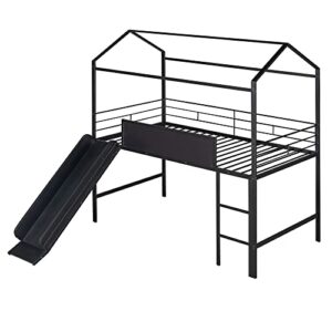 BOVZA Twin Size House Loft Bed with Slide and Ladder, Metal Loft Bed Frame with 2 Sided Writable Wooden Board and Roof for Kids Boys Girls Bedroom, Black