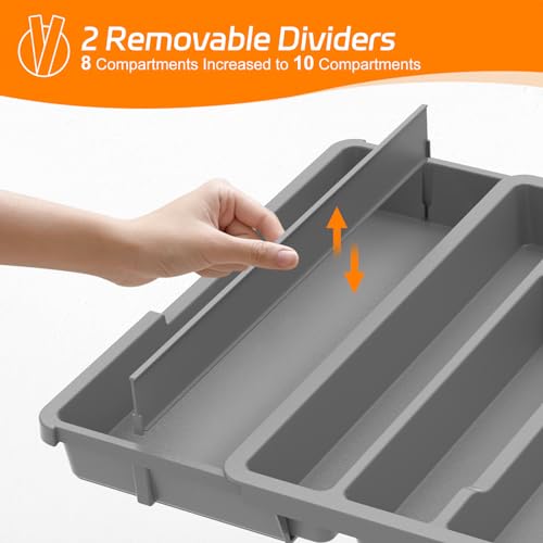 iDavosic.ly Silverware Drawer Organizer, Expandable Utensil Tray for Kitchen Drawers, Adjustable Plastic Cutlery Flatware Holder for Knife Fork Spoon with 8-10 Compartments (Large, Gray)