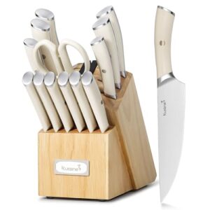 kuisine chef knife set kitchen utensil set,high carbon stainless steel knife set,knife block set with built-in sharpener,sharp knife set forged,elegant gift(ivory,15pcs）