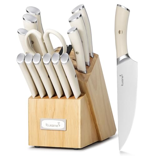 Kuisine Chef Knife Set Kitchen Utensil Set,High Carbon Stainless Steel Knife Set,Knife Block Set with Built-in Sharpener,Sharp Knife Set Forged,Elegant Gift(Ivory,15pcs）