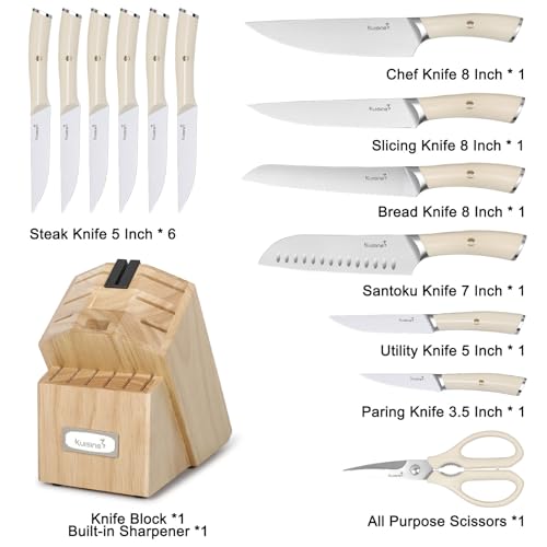 Kuisine Chef Knife Set Kitchen Utensil Set,High Carbon Stainless Steel Knife Set,Knife Block Set with Built-in Sharpener,Sharp Knife Set Forged,Elegant Gift(Ivory,15pcs）