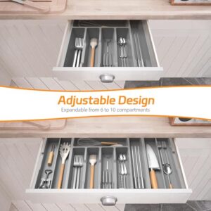 iDavosic.ly Silverware Drawer Organizer, Expandable Utensil Tray for Kitchen Drawers, Adjustable Plastic Cutlery Flatware Holder for Knife Fork Spoon with 8-10 Compartments (Large, Gray)