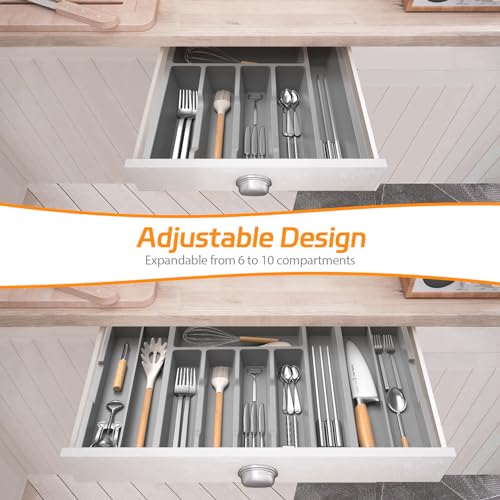 iDavosic.ly Silverware Drawer Organizer, Expandable Utensil Tray for Kitchen Drawers, Adjustable Plastic Cutlery Flatware Holder for Knife Fork Spoon with 8-10 Compartments (Large, Gray)