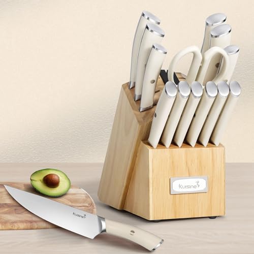 Kuisine Chef Knife Set Kitchen Utensil Set,High Carbon Stainless Steel Knife Set,Knife Block Set with Built-in Sharpener,Sharp Knife Set Forged,Elegant Gift(Ivory,15pcs）