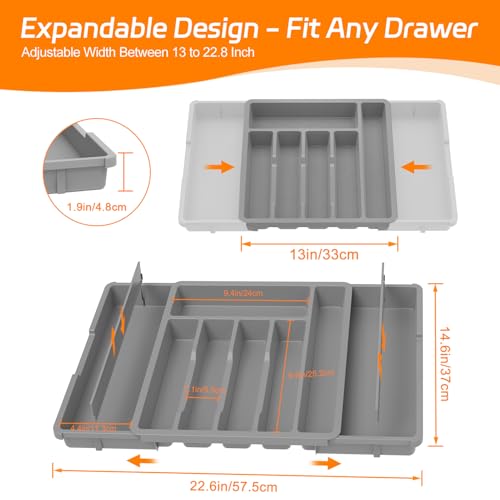 iDavosic.ly Silverware Drawer Organizer, Expandable Utensil Tray for Kitchen Drawers, Adjustable Plastic Cutlery Flatware Holder for Knife Fork Spoon with 8-10 Compartments (Large, Gray)