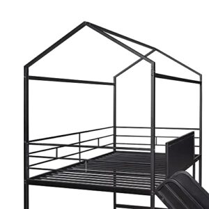 BOVZA Twin Size House Loft Bed with Slide and Ladder, Metal Loft Bed Frame with 2 Sided Writable Wooden Board and Roof for Kids Boys Girls Bedroom, Black